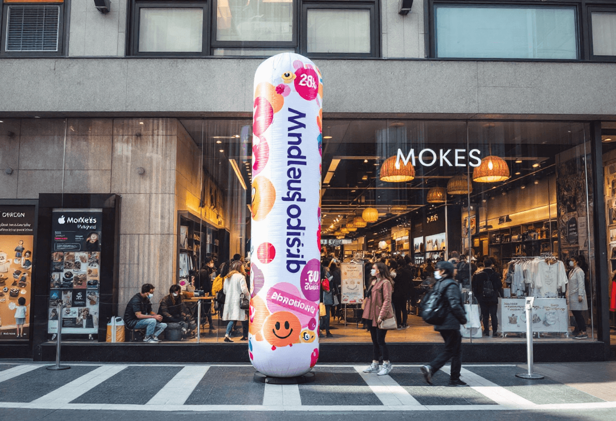 Colonne gonflable publicitaire devant une boutique en extérieur