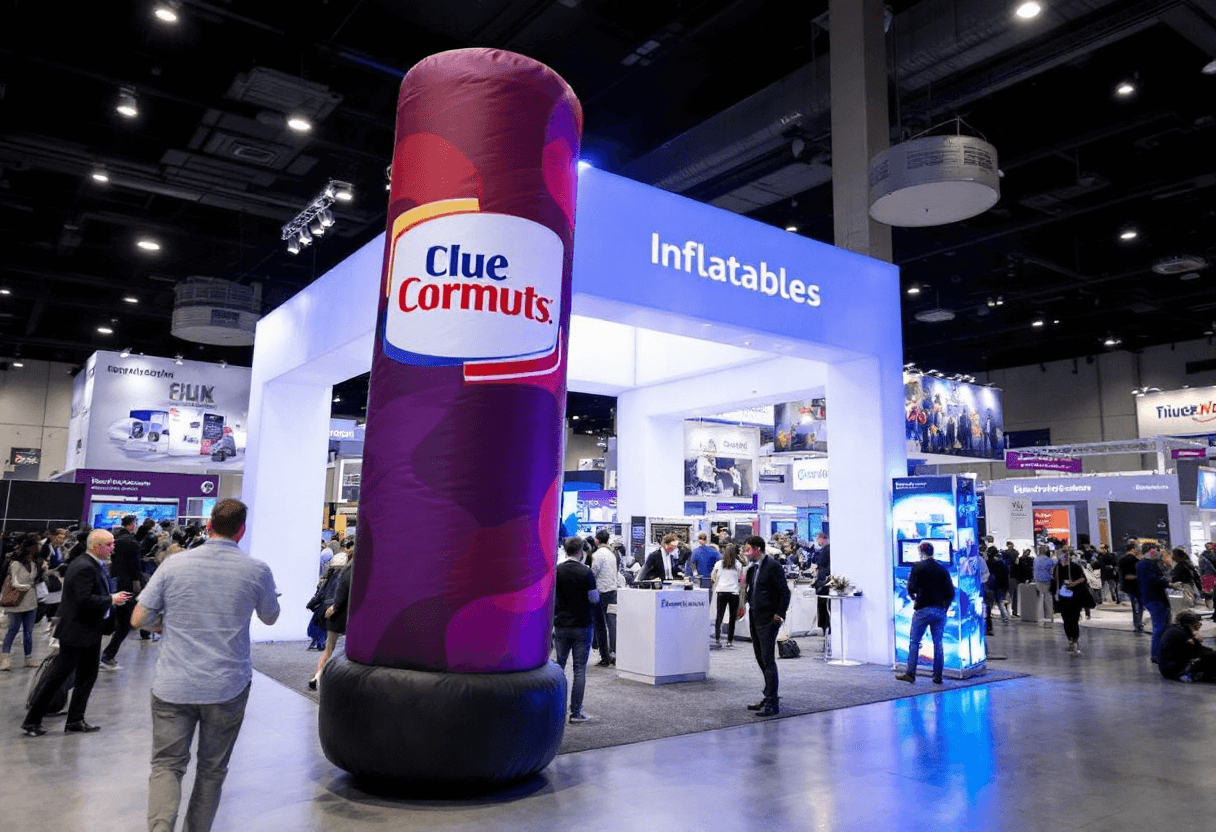 Colonne gonflable publicitaire devant un stand dans un salon